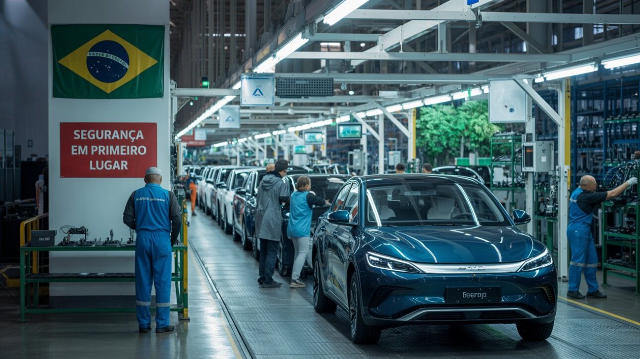 Fábrica de BYD en Brasil con producción de vehículos eléctricos y un ambiente industrial típico.
(Imagen: ilustración IA)