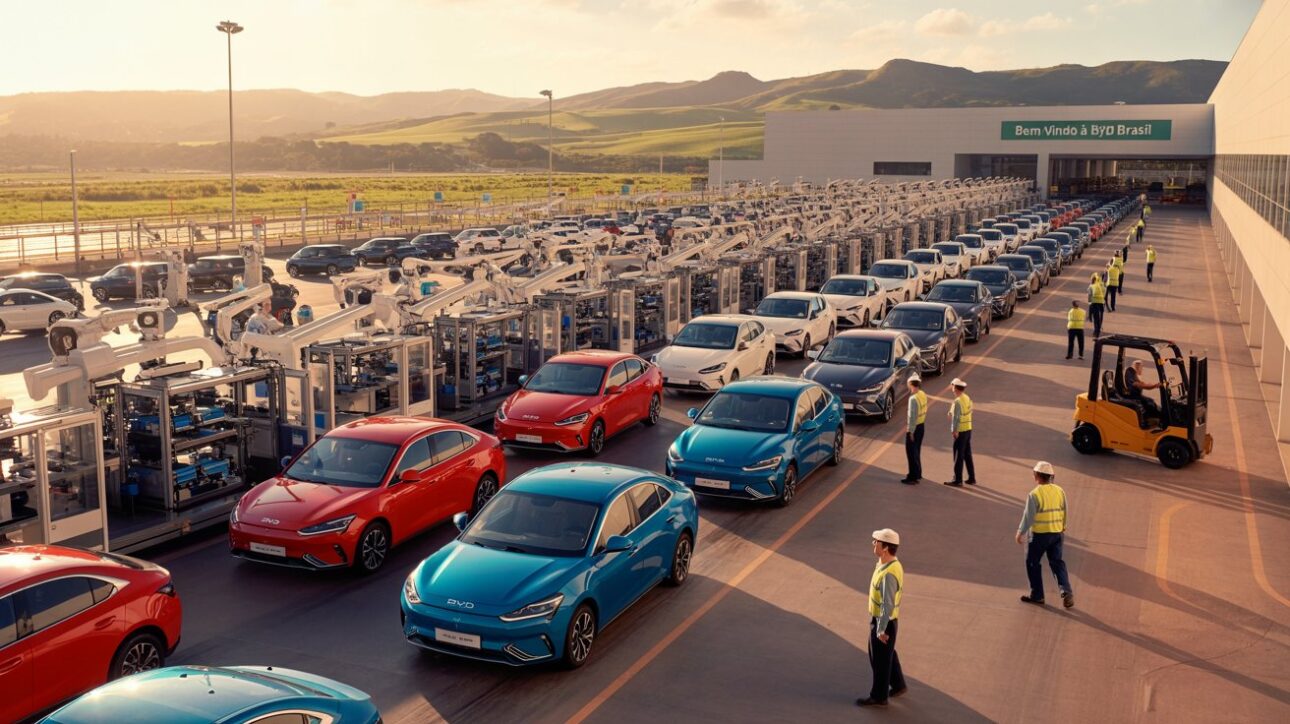 Línea de montaje de BYD en operación en el país, destacando la presencia de la industria automotriz china en Brasil. (Imagen: ilustración IA)