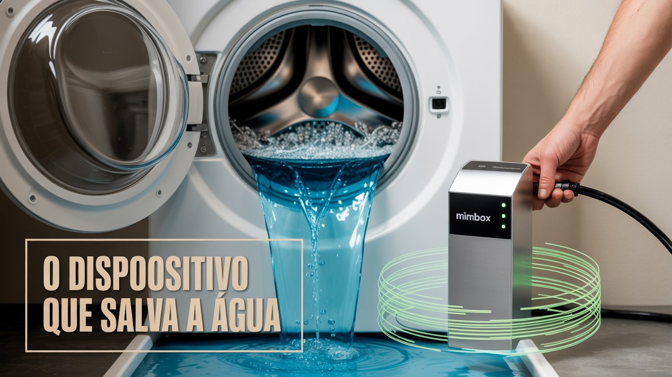 Caixa sueca Mimbox promete reduzir em 70% o gasto de água e filtrar microplásticos em máquinas de lavar. Solução chega ao Brasil em breve. (Imagem: ilustração IA)