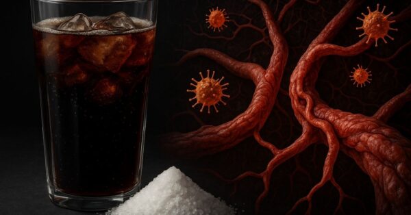 Copo de refrigerante diet com cristais de eritritol e vasos cerebrais contraídos, simbolizando os riscos do adoçante para o cérebro e risco de AVC.