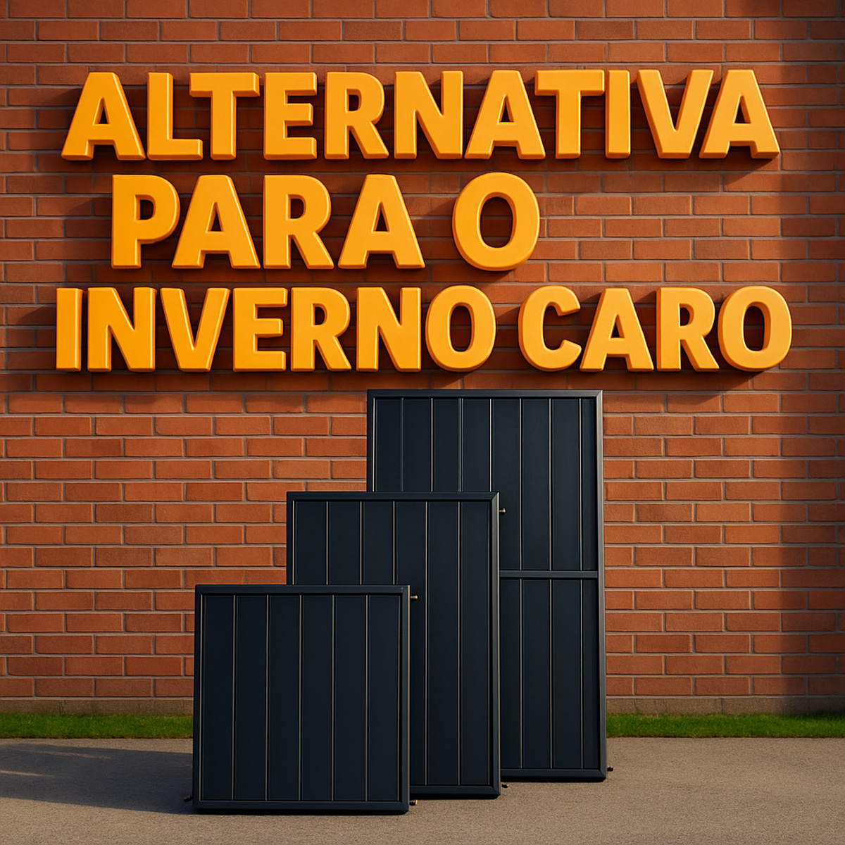 Coletores solares como alternativa para o inverno caro, mostrando placas modernas com frase em 3D destacada