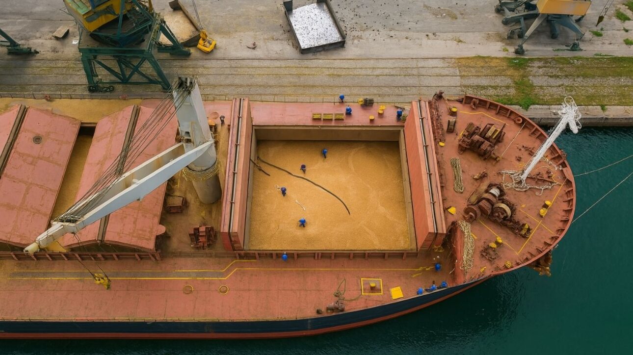 Vista aérea de buque granelero con excavadora operando en la bodega, escotillas abiertas, mar calmado y puerto con silos y grúas al fondo