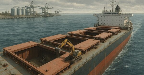 Vista aérea de navio graneleiro com escavadeira operando no porão, escotilhas abertas, mar calmo e porto com silos e guindastes ao fundo