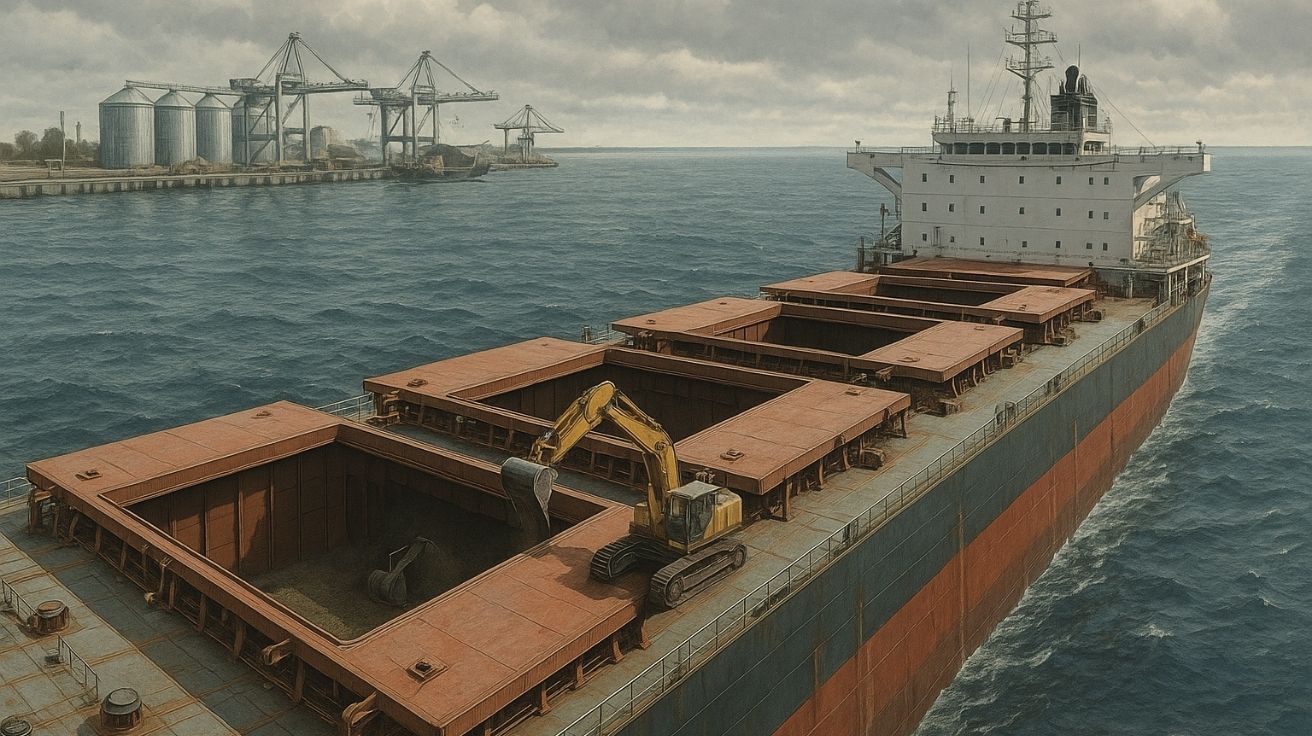 Vista aérea de navio graneleiro com escavadeira operando no porão, escotilhas abertas, mar calmo e porto com silos e guindastes ao fundo