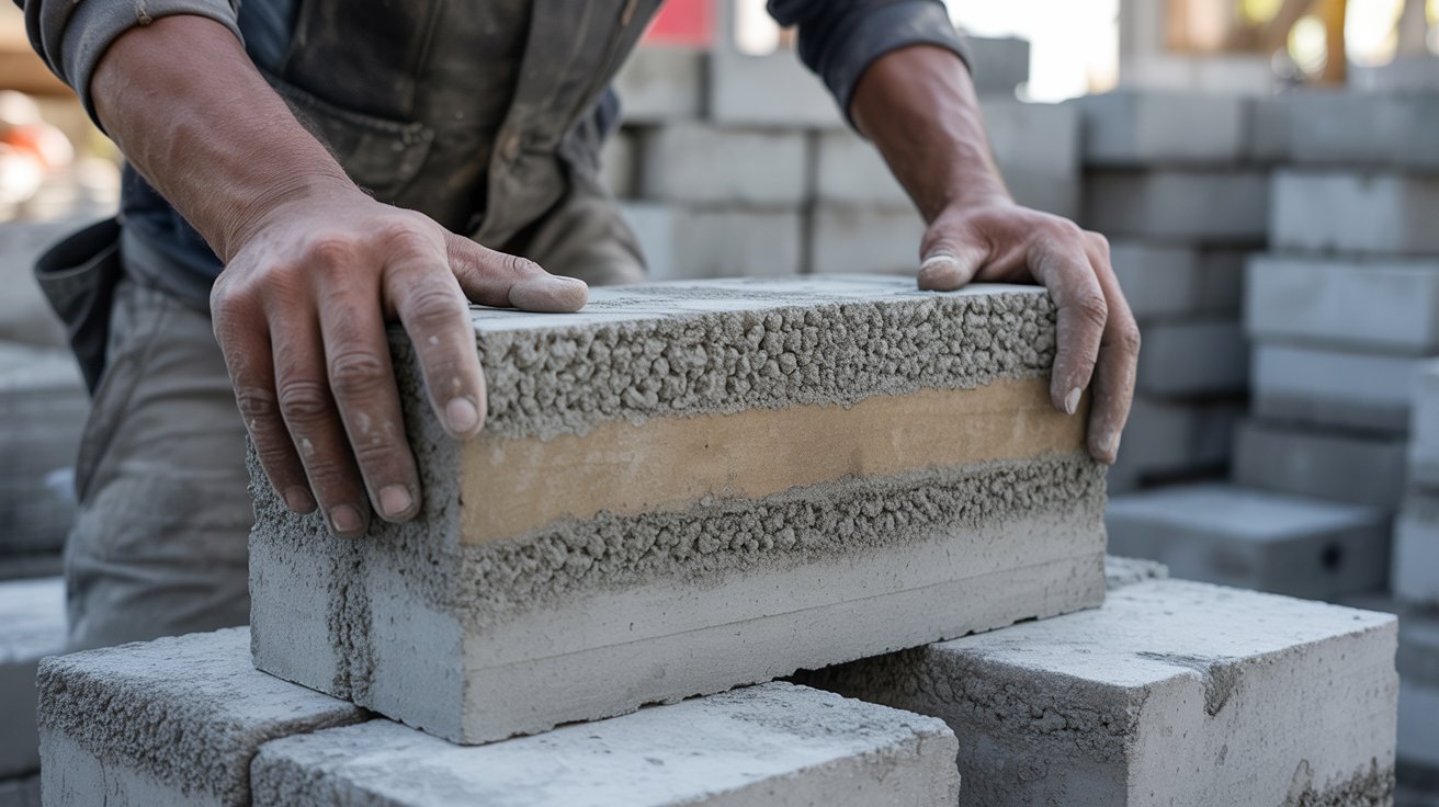 Operário segurando blocos de concreto com aspecto rústico, produzidos por técnica sustentável a partir de urina humana