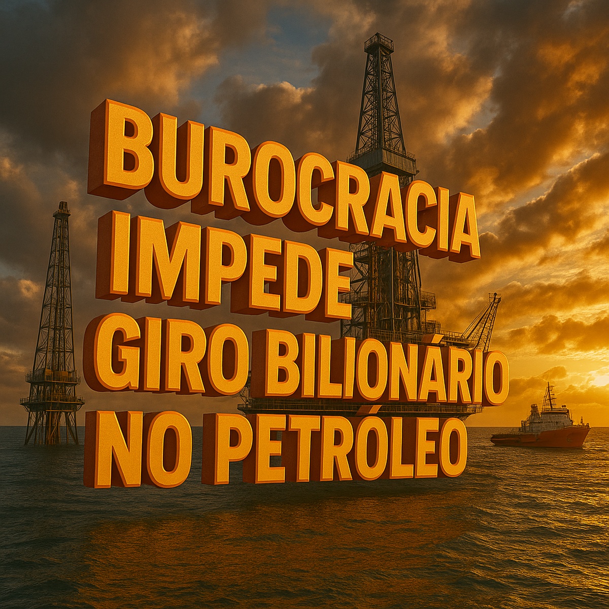 Plataforma de petróleo offshore com pôr do sol, navio de apoio e frase em 3D “Burocracia impede giro bilionário no petróleo”