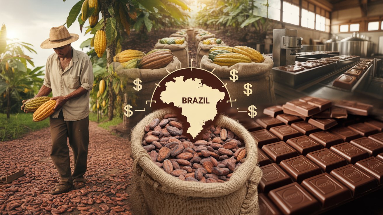 Representação visual da produção de cacau no Brasil, do cultivo artesanal à indústria processadora