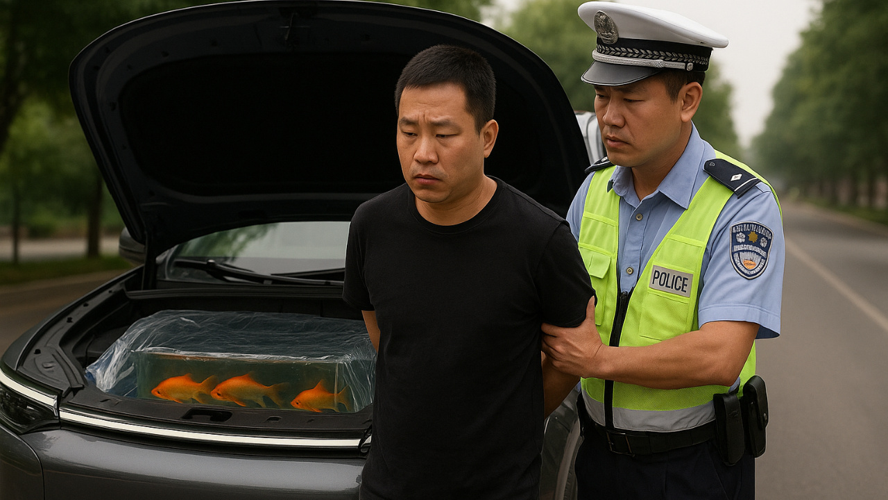 Chino siendo detenido tras transformar coche en acuario. Fuente: generado por IA