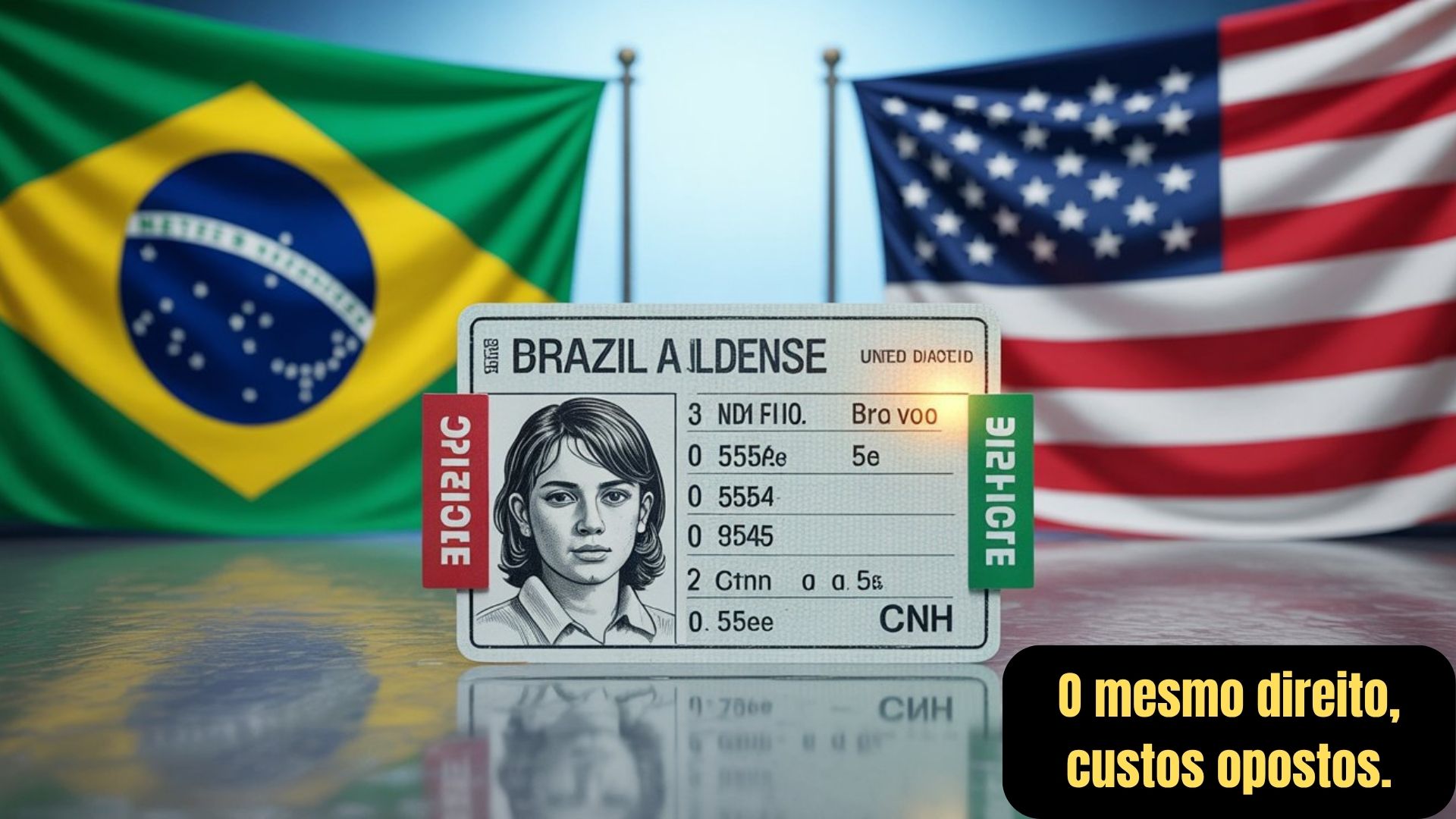 Jovem brasileiro enfrentando burocracia em autoescola e americano recebendo habilitação no DMV em um único dia.