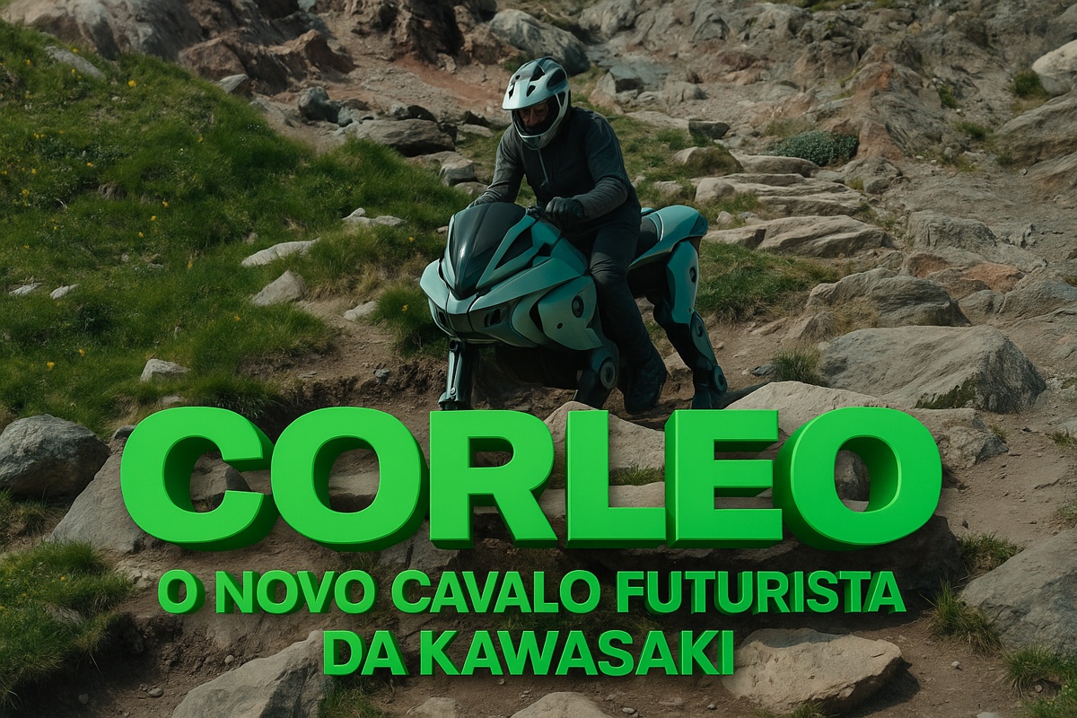Robô Corleo da Kawasaki em trilha montanhosa com frase “CORLEO - O NOVO CAVALO FUTURISTA DA KAWASAKI” em 3D na frente