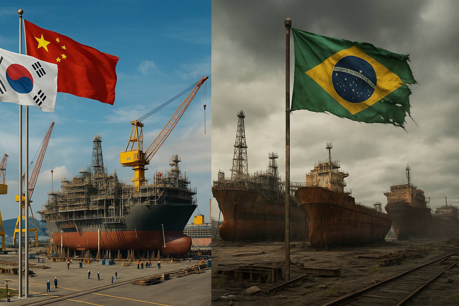 Imagem comparativa mostrando de um lado um estaleiro asiático moderno com FPSO em construção, bandeiras da Coreia do Sul, China e Singapura, e do outro lado um estaleiro brasileiro degradado com vários FPSO enferrujados e a bandeira do Brasil rasgada.