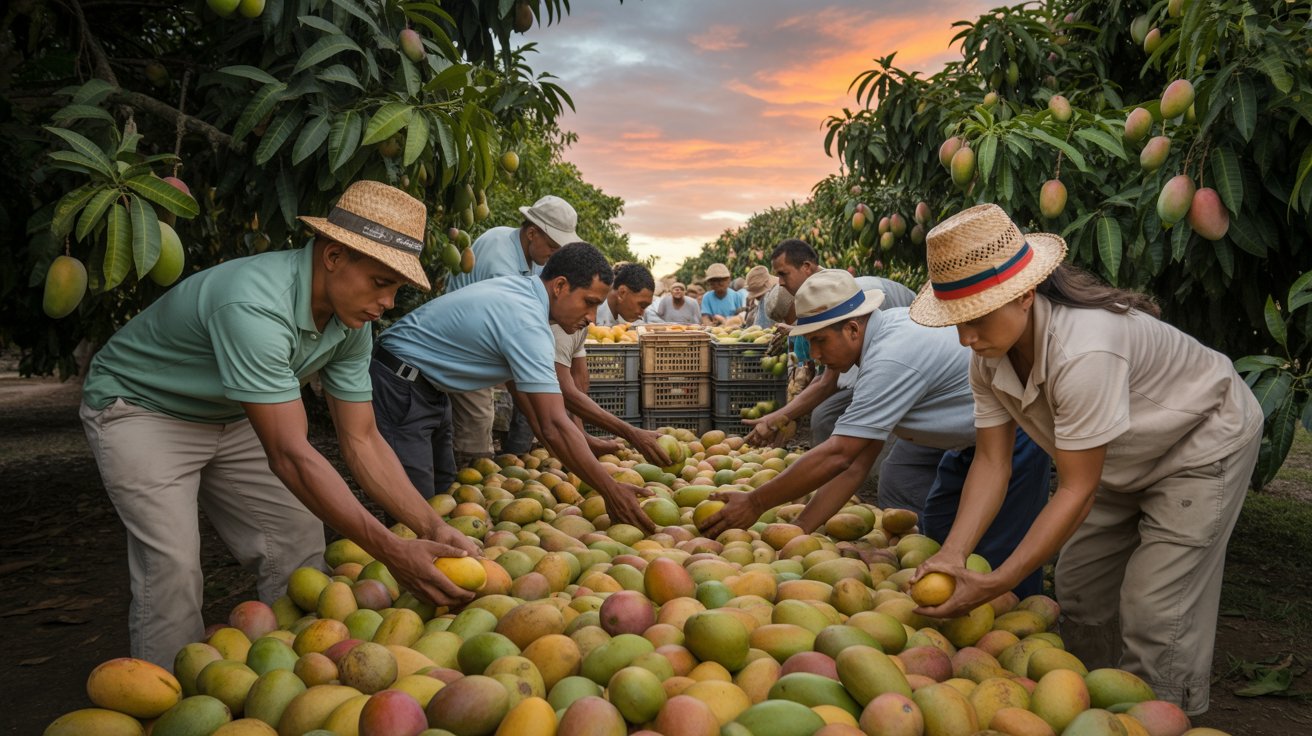 Trabalhadores colhem mangas em plantação brasileira, representando o destaque da fruta nas exportações do Brasil