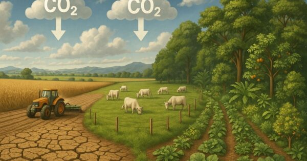 Imagem comparativa entre agricultura convencional com solo seco e trator arando, e agricultura regenerativa com pastagem rotativa e agrofloresta biodiversa, sob nuvens com símbolos de CO₂ sendo absorvido.