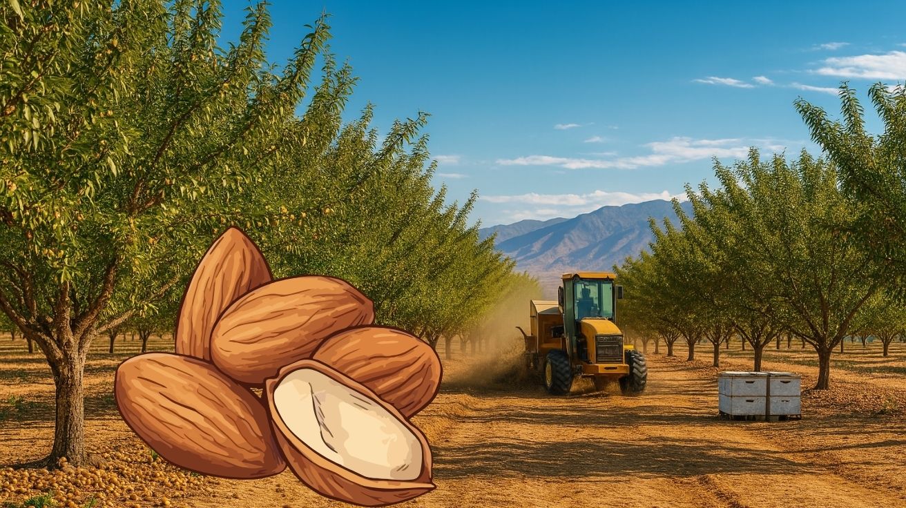 Fazenda de amêndoas na Califórnia com colheita mecanizada, fileiras de árvores produtivas, colmeias para polinização e máquina agrícola em operação