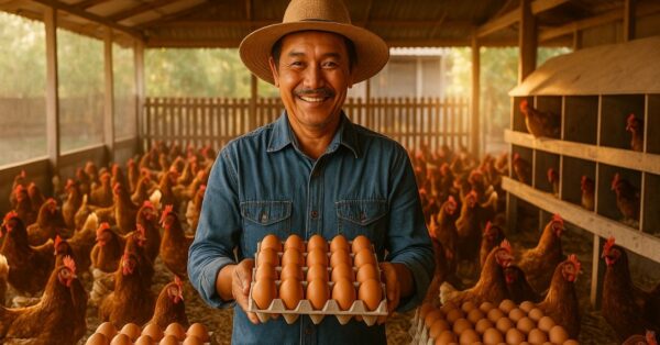 Produtor rural em galpão com 200 galinhas poedeiras segurando ovos frescos, representando lucratividade no agronegócio de pequeno porte