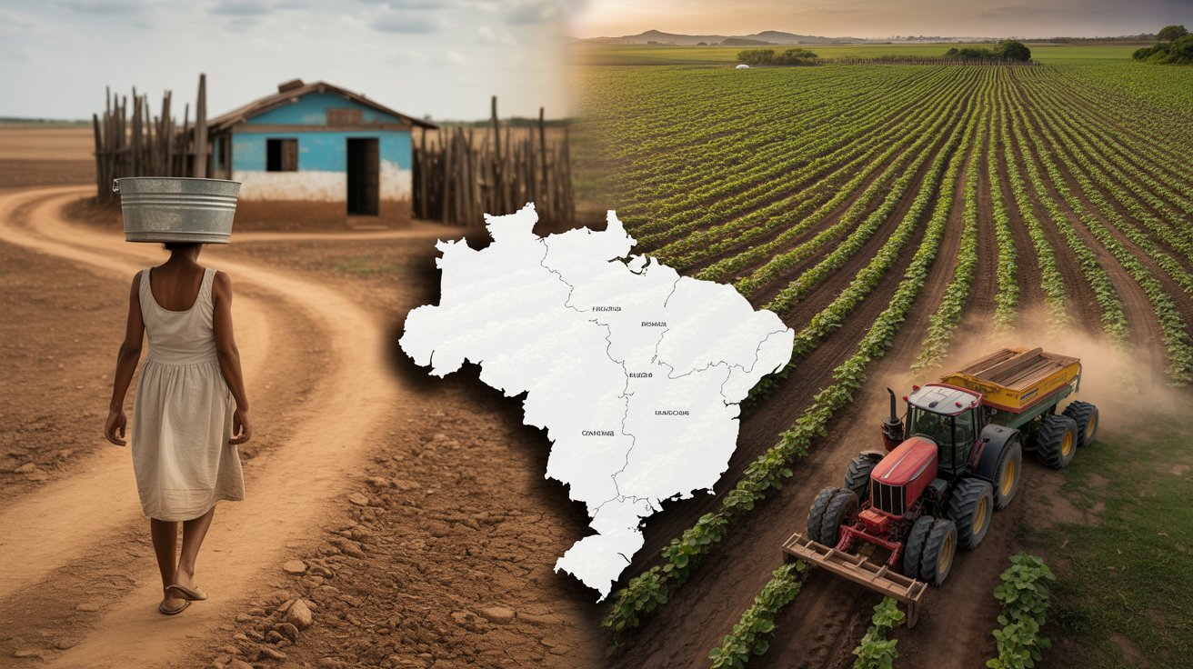 Comparação visual entre terras agrícolas baratas e caras no Brasil em 2024, com destaque para infraestrutura, solo e produtividade