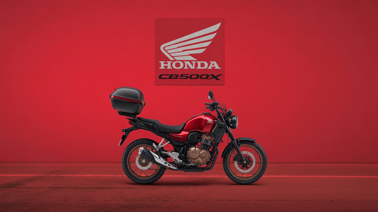 Honda CB500X vermelha com baú traseiro em ilustração minimalista sobre fundo vermelho com logotipo da Honda.