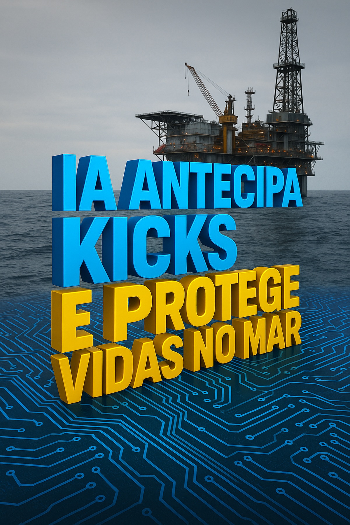 Plataforma offshore sobre mar estilizado como circuito de IA, com frase em 3D “IA antecipa kicks e protege vidas no mar” em azul e amarelo.