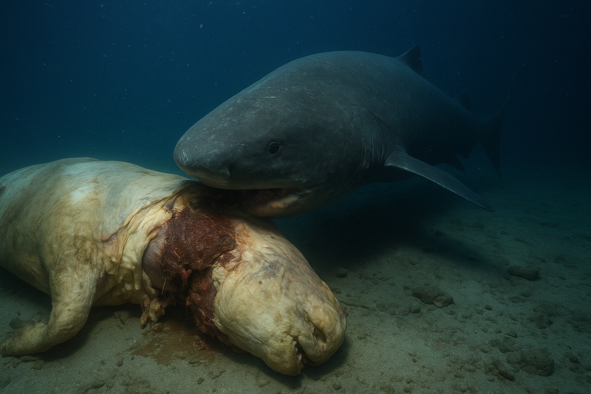 Tubarão-dorminhoco se alimentando de carcaça no fundo do Mar da China