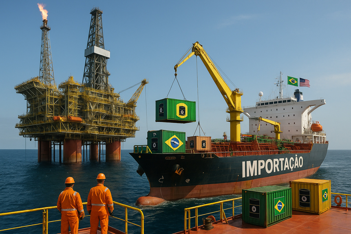 Plataforma de petróleo offshore brasileira e navio petroleiro com bandeiras do Brasil e dos EUA, destacando a importação de petróleo no Atlântico.