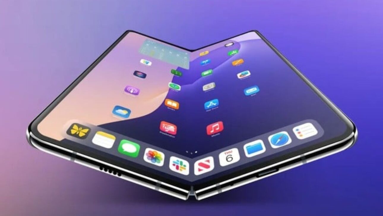 iPhone plegable con pantalla abierta y sin arruga en ambiente moderno.
