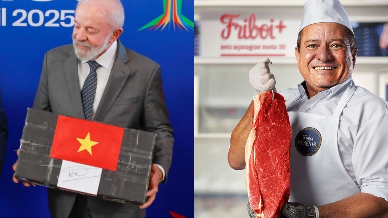 Montagem representando o marco na exportação de carne bovina da JBS para o Vietnã. À esquerda, Lula participa de cerimônia oficial durante a Cúpula do Brics com a caixa da Friboi. À direita, açougueiro sorridente da rede Friboi exibe corte de carne fresca, símbolo da força do agronegócio brasileiro e da produção rural voltada à exportação.