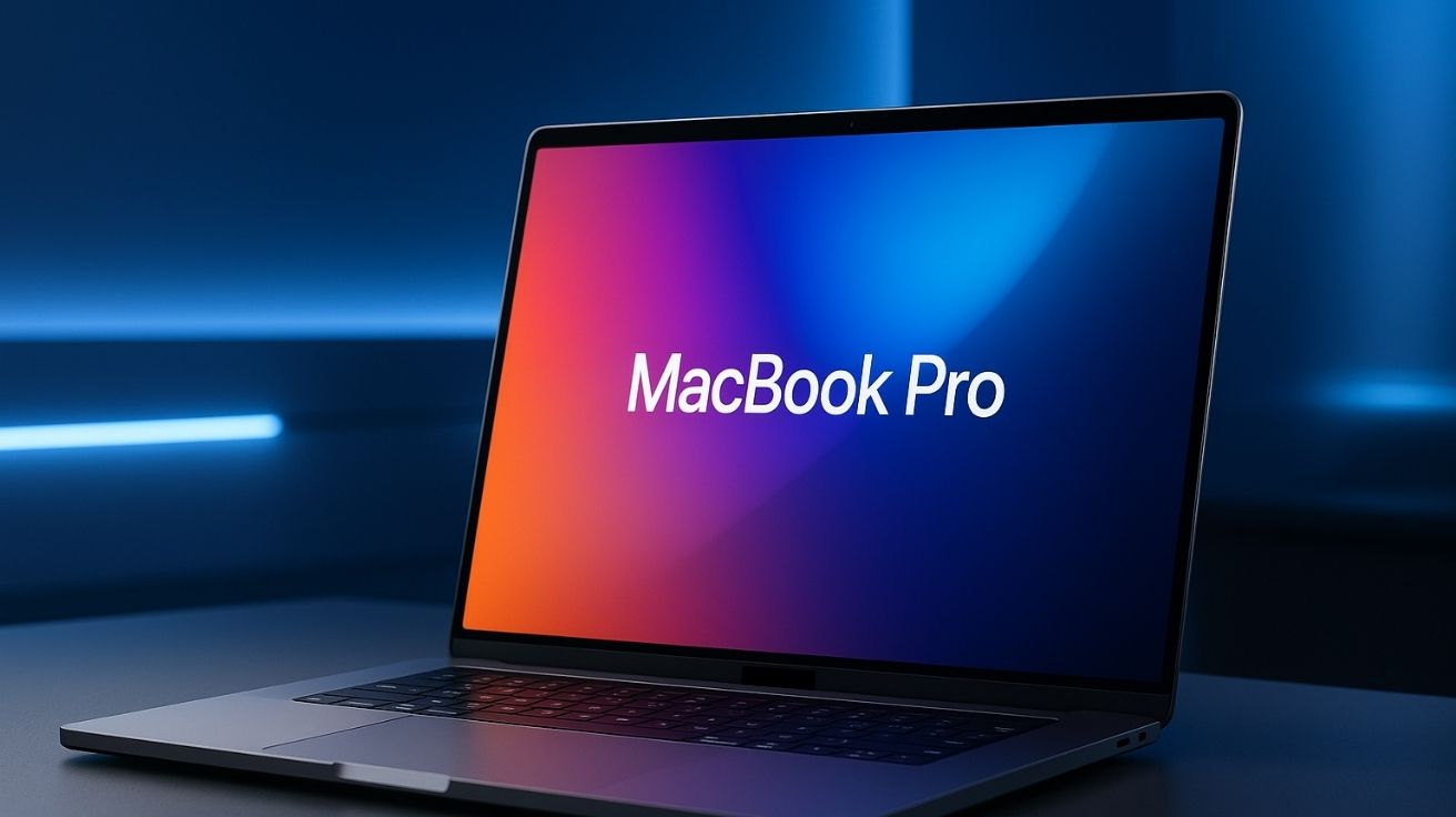 Ilustração fotorrealista de um MacBook Pro de 16 polegadas com chip M5, exibido sobre uma mesa minimalista em ambiente moderno com iluminação azul, destacando o suporte a Wi-Fi 7 e o design característico da Apple antes do redesenho com OLED.