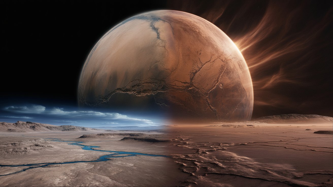 Marte dividido entre planeta úmido e planeta árido, com tempestades solares representando a causa da perda de atmosfera e água, segundo a NASA