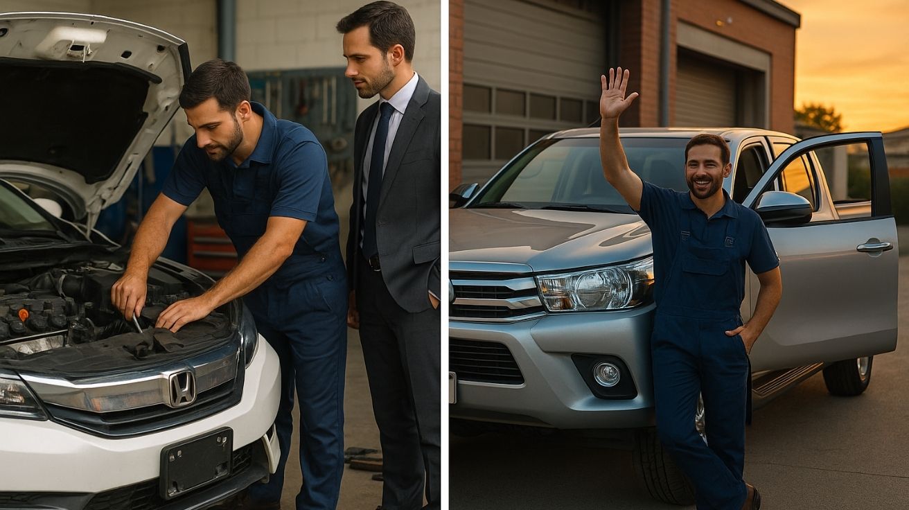 Mecânico de automóveis conserta Honda Civic em oficina e depois acena ao lado de sua Hilux, representando progresso na profissão.