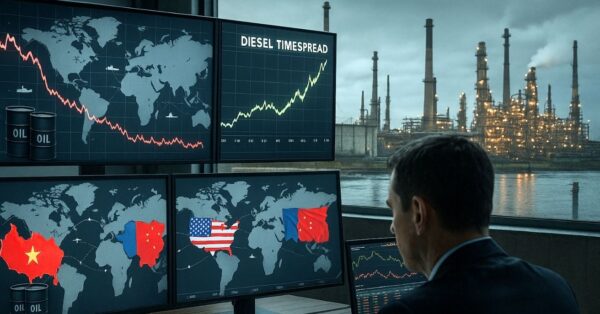 Trader analisa gráficos de petróleo e spreads em alta com refinarias e mapas globais ao fundo, refletindo a tensão no mercado de petróleo e gás