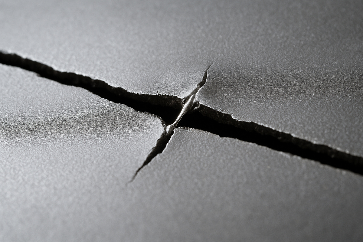 Close-up ultra realista de trinca metálica em processo de autocicatrização