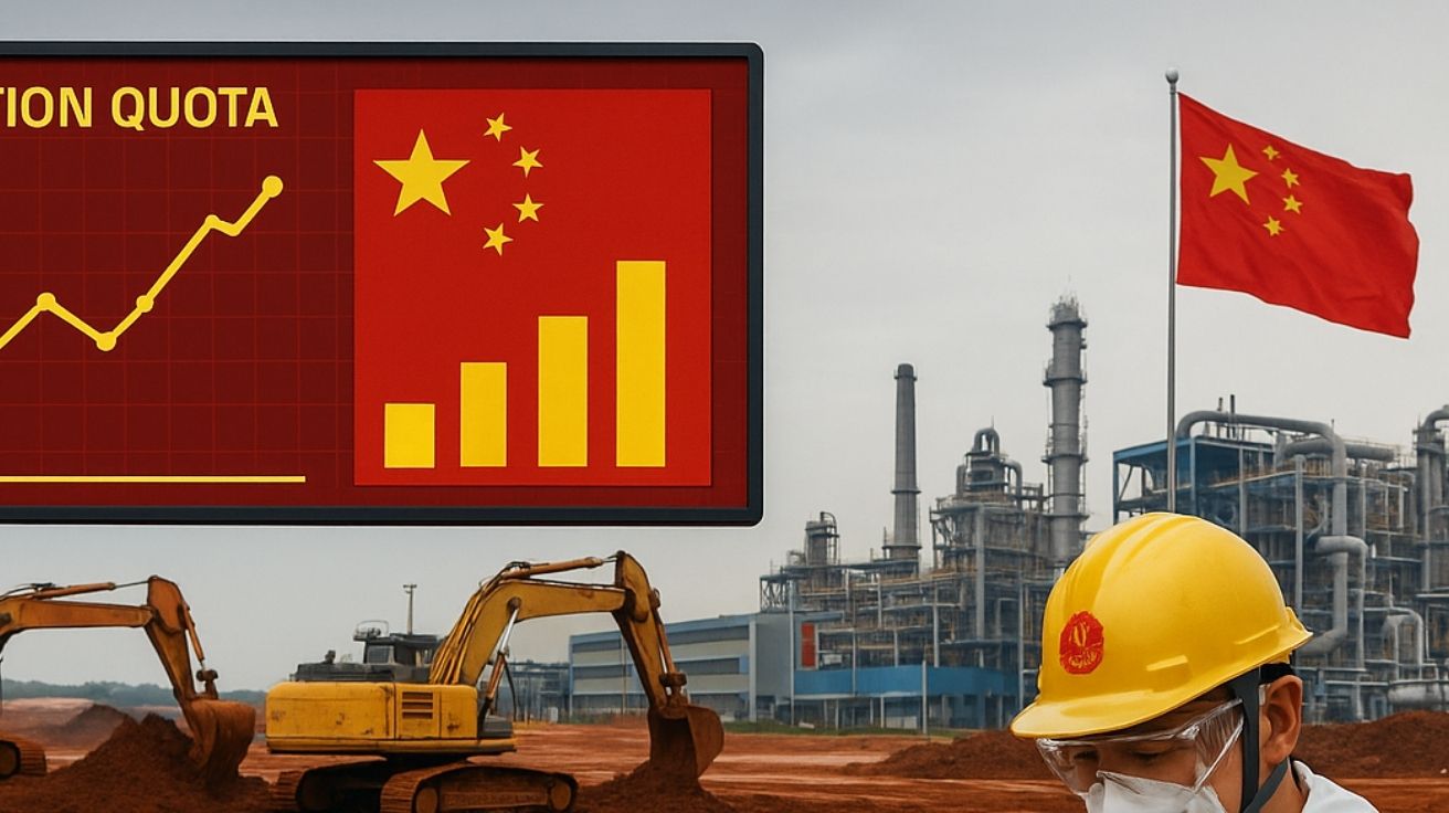 Trabalhador chinês inspeciona minério em mina de terras raras com escavadeiras e refinaria ao fundo, sob controle estatal