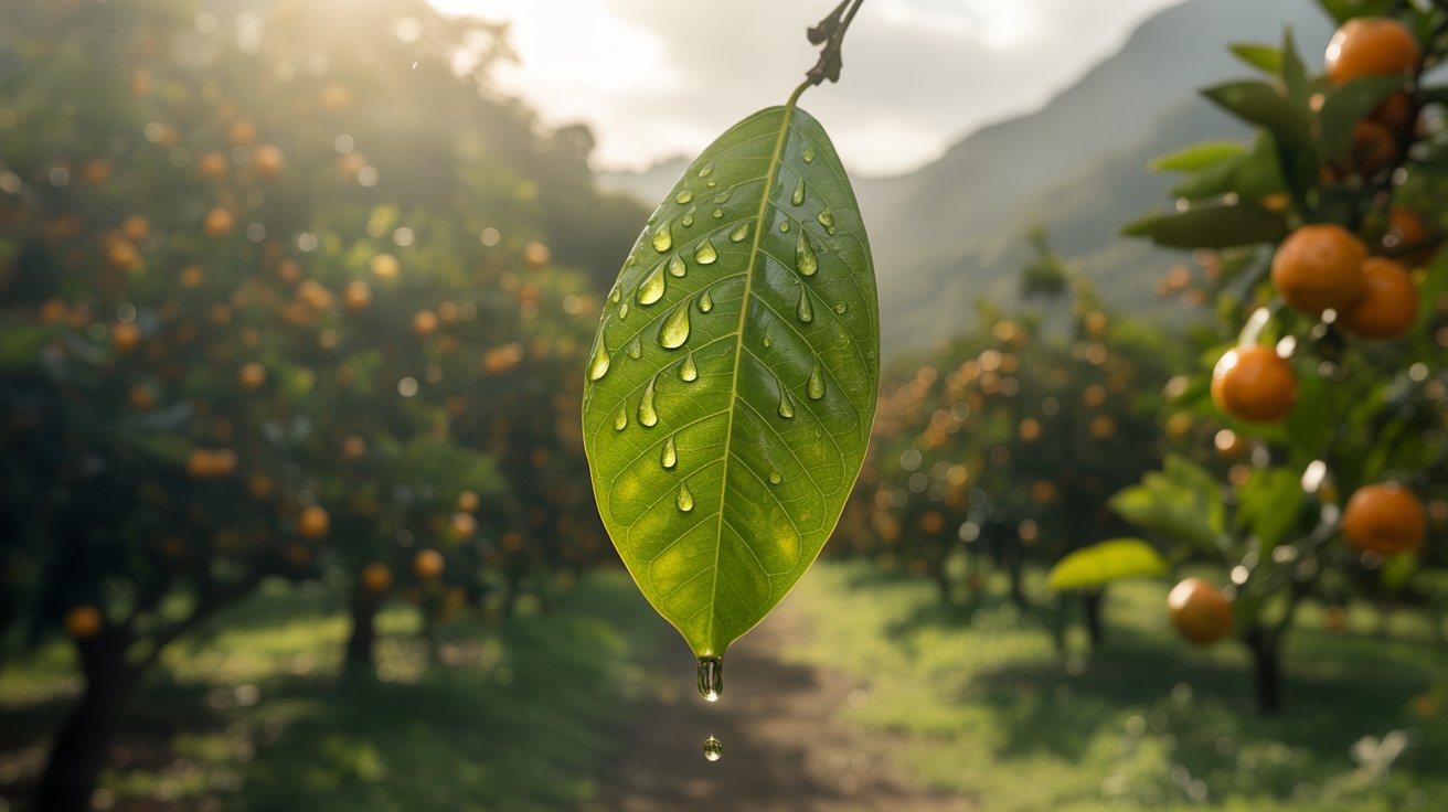 Gotas de óleo de copaíba escorrendo de uma folha, simbolizando controle natural do psilídeo que transmite o greening
