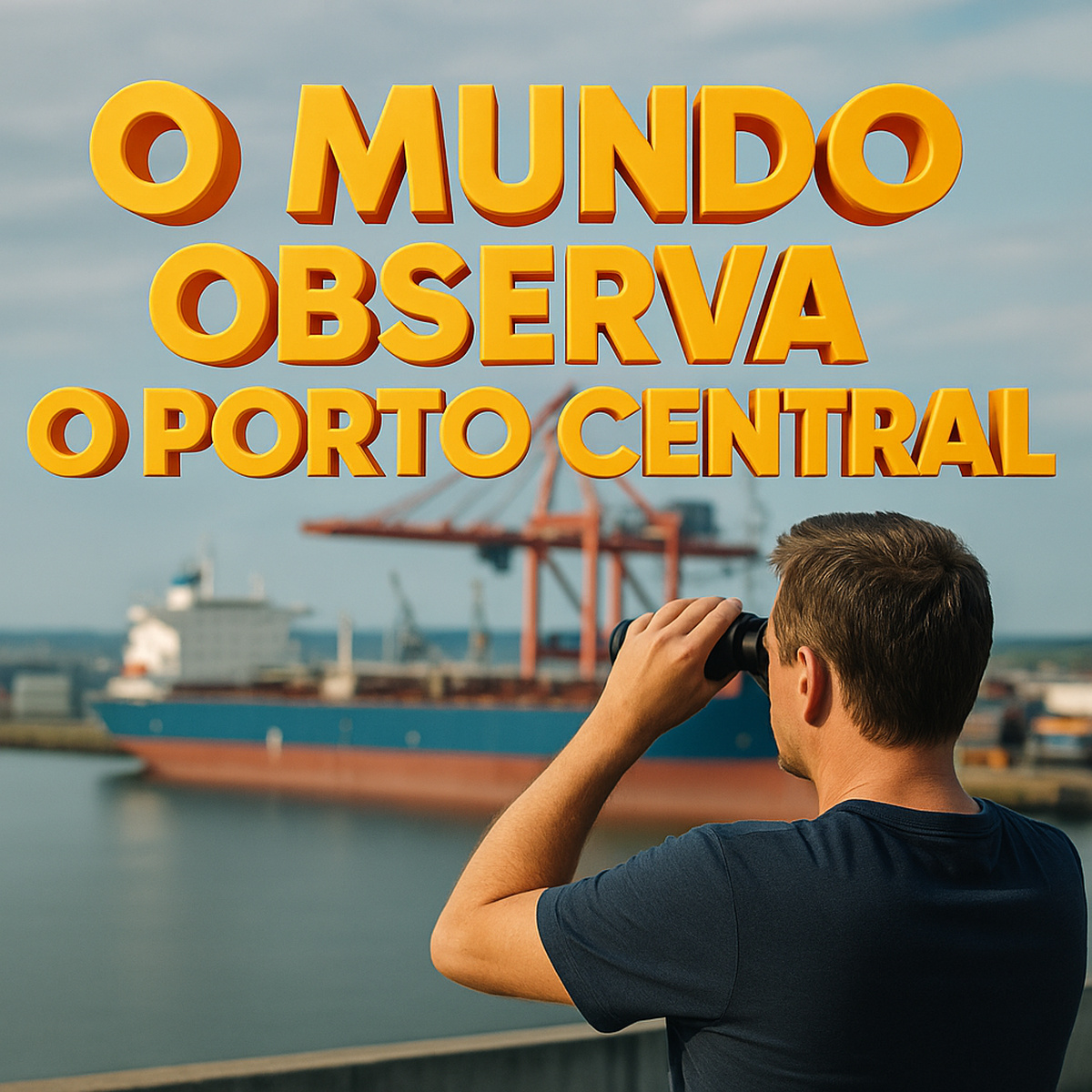 Homem observa o Porto Central com binóculos, frase em 3D "O mundo observa o Porto Central" à frente dos elementos, navio cargueiro e guindastes ao fundo.