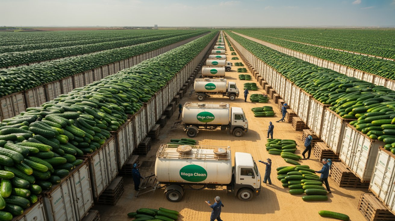 Contêineres industriais cheios de pepinos e trabalhadores em campo agrícola de produção em massa
