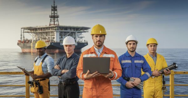 Profissionais de engenharia e técnicos reunidos em ambiente industrial com plataforma offshore ao fundo, ilustrando o mercado de trabalho no Rio de Janeiro.
