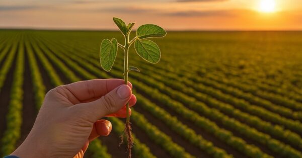 Imagem mostra mão segurando uma muda jovem de soja com raízes expostas, em meio a uma plantação extensa sob luz dourada do pôr do sol. Ao fundo, linhas de cultivo simétricas reforçam o uso de técnicas de agricultura regenerativa no campo.