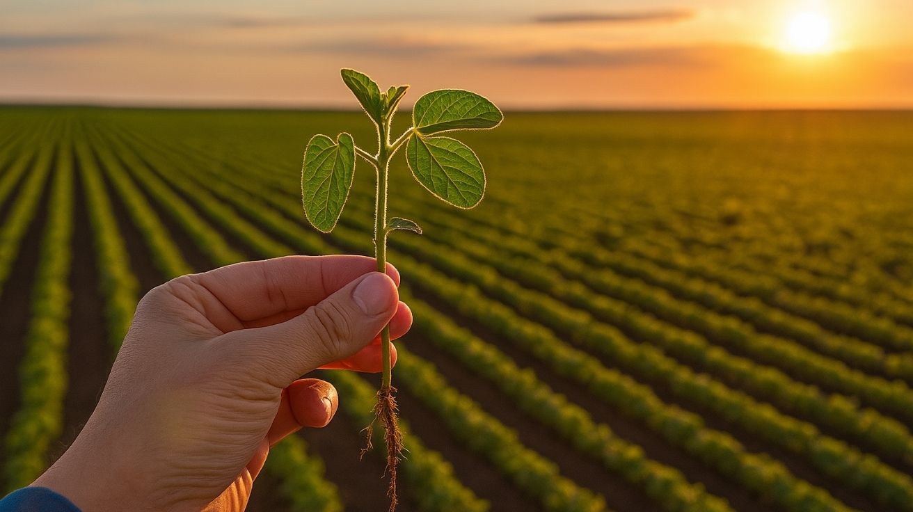 Imagem mostra mão segurando uma muda jovem de soja com raízes expostas, em meio a uma plantação extensa sob luz dourada do pôr do sol. Ao fundo, linhas de cultivo simétricas reforçam o uso de técnicas de agricultura regenerativa no campo.