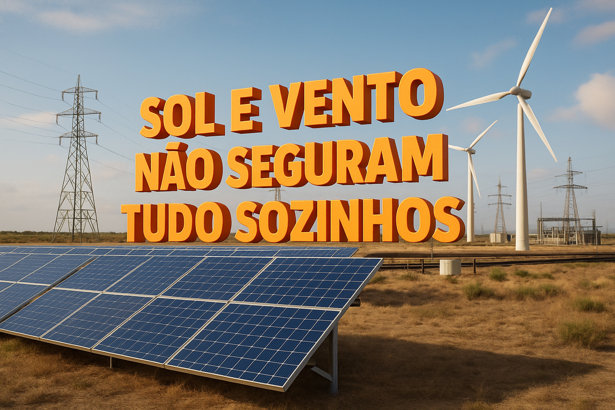 Painéis solares, turbinas eólicas e subestação elétrica ilustram que sol e vento não seguram tudo sozinhos.