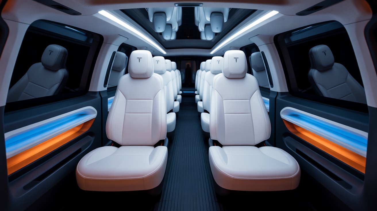 Van elétrica da Tesla sem motorista em ambiente urbano, com passageiros entrando e design futurista iluminado à noite.