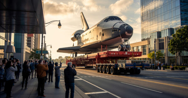 Ruas e bairros inteiros foram bloqueados e 400 árvores derrubadas para o ônibus espacial Endeavour cruzar Los Angeles em um trajeto de 19 km que durou três dias