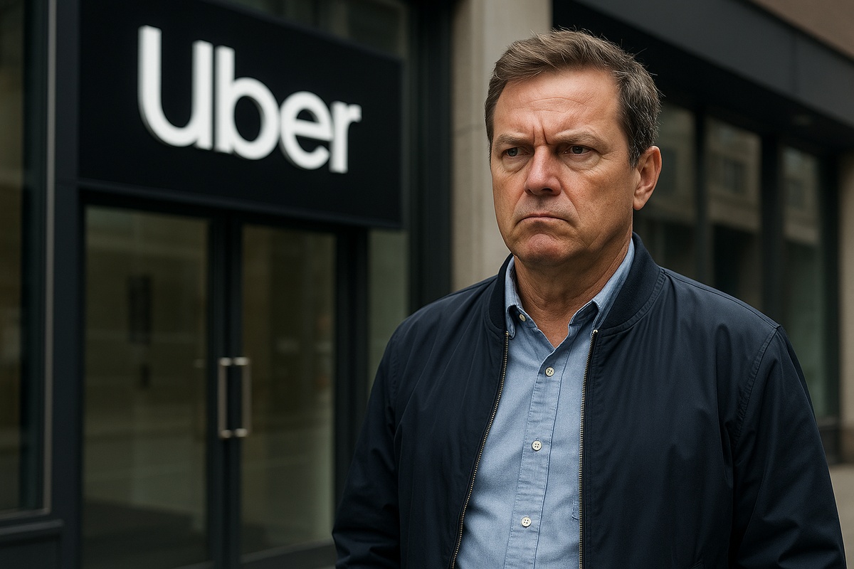 Motorista com expressão séria em frente à sede da Uber após decisão da Justiça do Trabalho