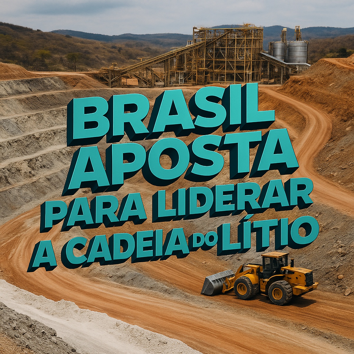 Vista aérea de mina de lítio no Vale do Jequitinhonha com frase Brasil aposta para liderar a cadeia do lítio em fonte moderna 3D