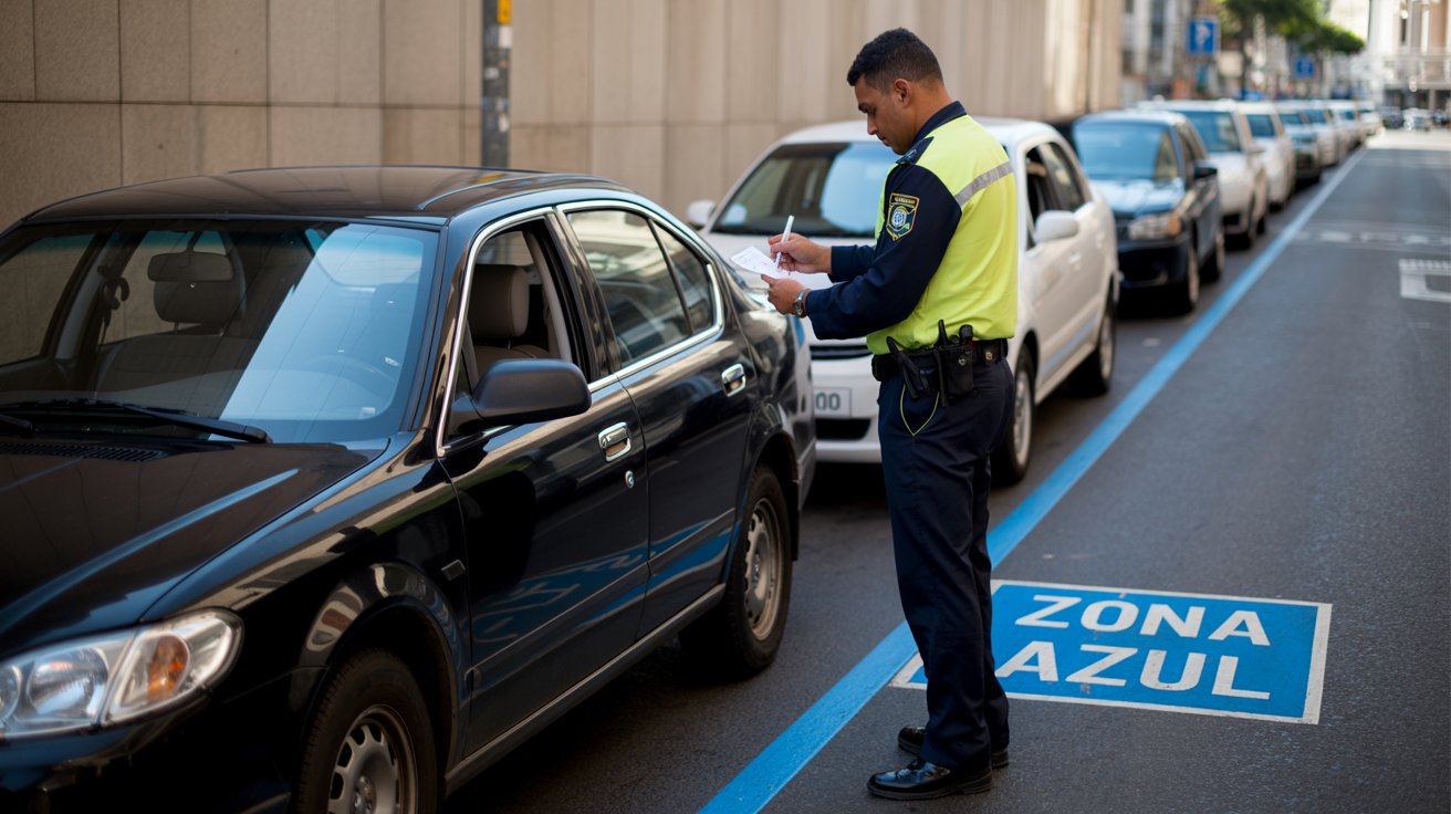 Agente fiscaliza carro em vaga de Zona Azul com cobrança ativa por estacionamento em via pública