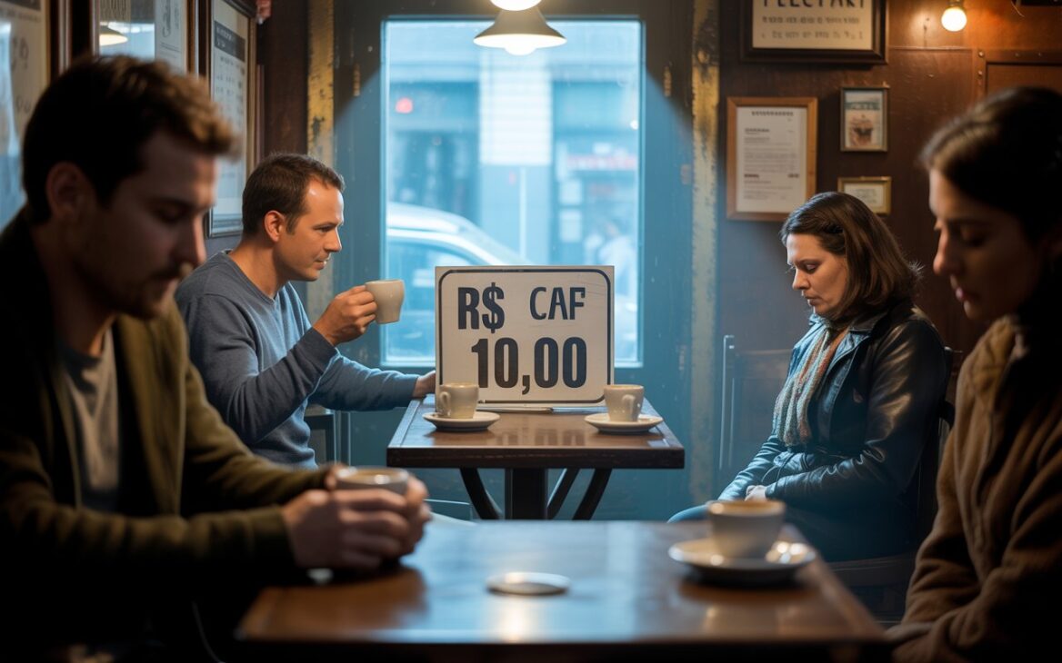 Imagen realista mostrando la misma cafetería del aviso anterior, pero ahora con el cartel de precio alterado a “R$ 10,00” por taza. Clientes con expresiones de sorpresa e indignación, algunos sosteniendo solo una taza, otros mirando su bolsillo vacío. Iluminación más fría para indicar el cambio de clima.