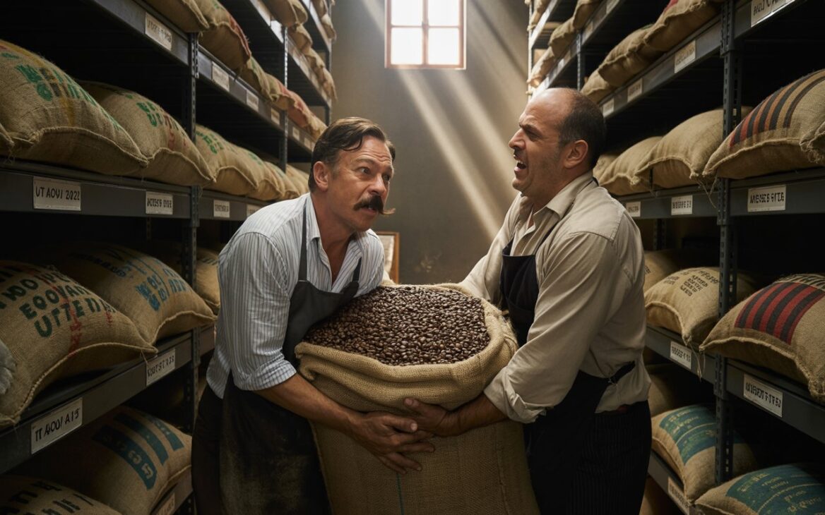 Ilustración realista mostrando dos dueños de cafetería disputando un gran saco de granos de café en un almacén. Al fondo, estantes con pocos sacos restantes y etiquetas de precios muy altos. Colores cálidos y marrones, con textura de los granos bien detallada.