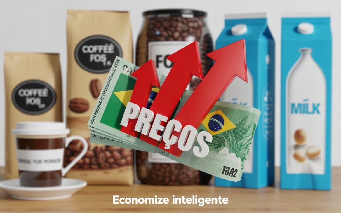 Gráfico ilustrado mostrando una moneda de real disminuyendo de tamaño mientras flechas rojas apuntan hacia arriba con la palabra “precios”. Al fondo, imágenes desenfocadas de tazas de café, sacos de granos y empaques de leche con precios cada vez más altos. Estilo informativo con colores vibrantes.