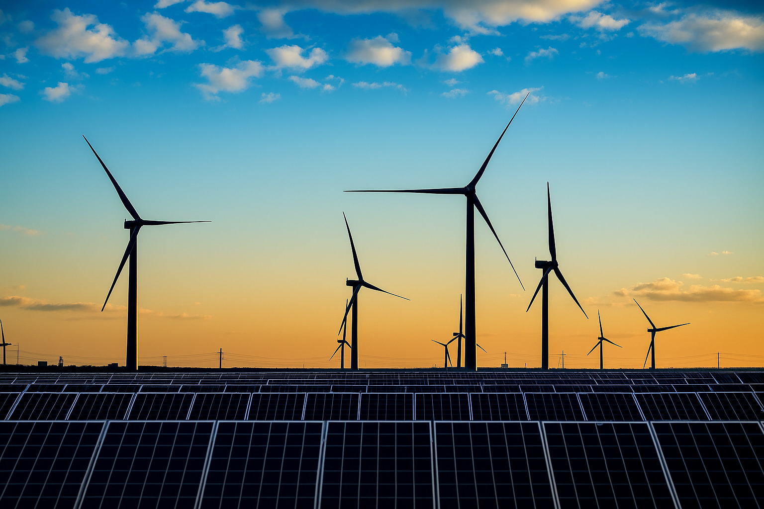 Painéis solares e turbinas eólicas em operação sob um céu com nuvens espalhadas ao entardecer.