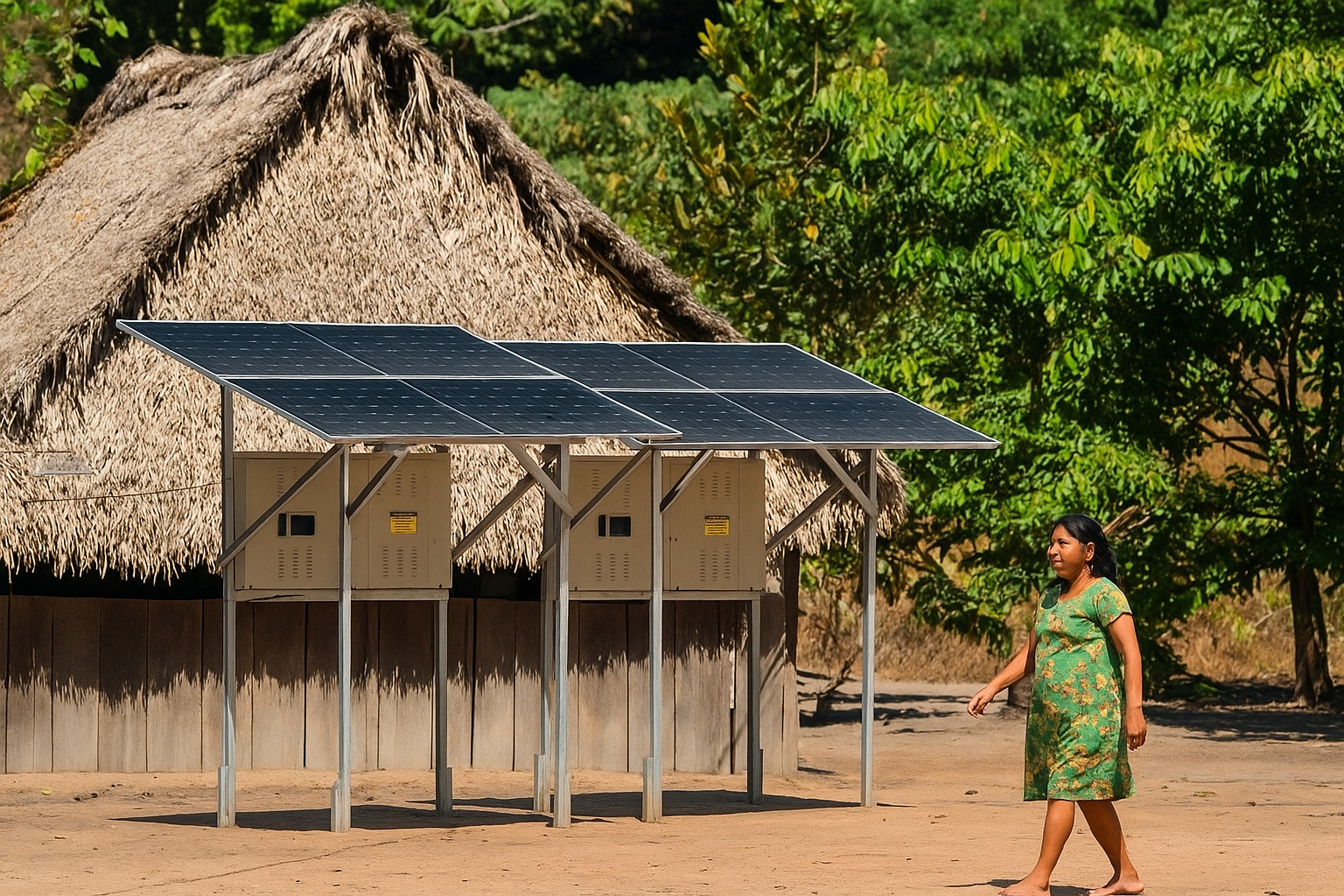 Mulher indígena caminhando perto de painéis solares em vila rural.