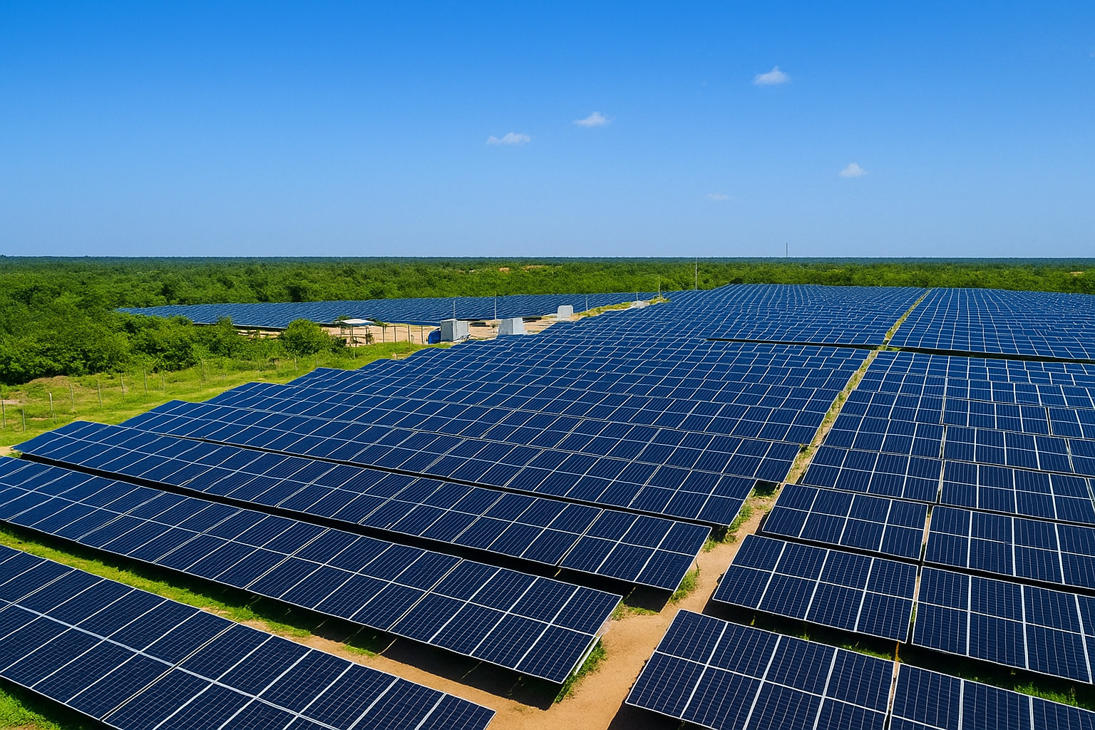 Vista aérea de usina solar com múltiplos painéis fotovoltaicos sob céu azul ao meio-dia.